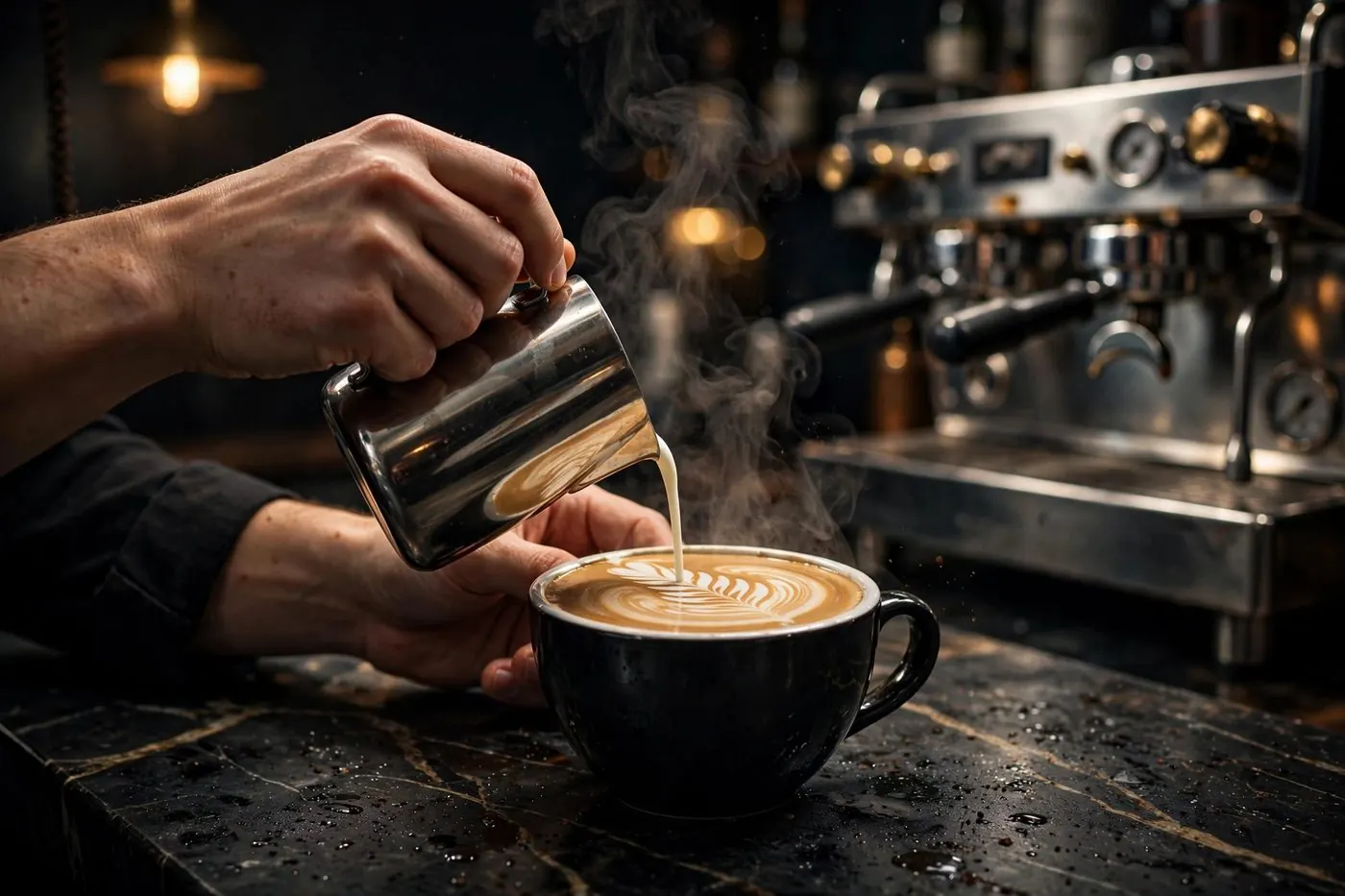 Barista pouring latte art at the coffee bar